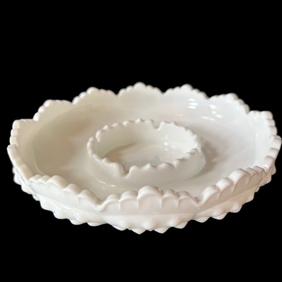 Vintage Fenton Glass Ashtray MCM White Scalloped Chip and Dip Bowl Hobnail Vtg - Picture 3 of 12